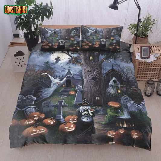 Halloween Witch Ghost Graveyard Bed Sheets Duvet Cover Bedding Set