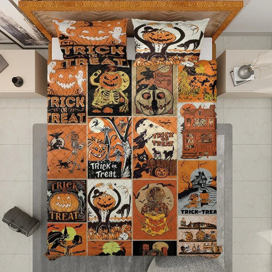 Personalized Vintage Retro Spooky Halloween 3-Piece Quilt Bedding Set With Pillowcases