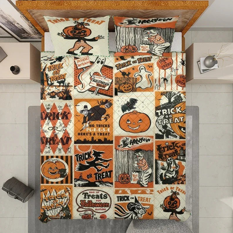 Personalized Retro Vintage Spooky Season Halloween 3-Piece Quilt Bedding Set With Pillowcases