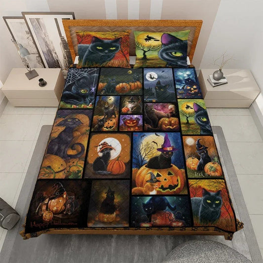 Personalized Vintage Black Witch Cat Halloween 3-Piece Quilt Bedding Set With Pillowcases