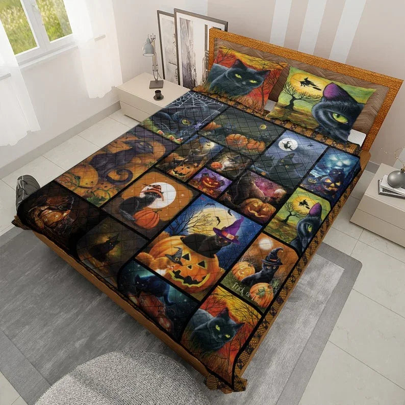 Personalized Vintage Black Witch Cat Halloween 3-Piece Quilt Bedding Set With Pillowcases