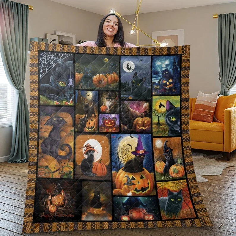 Personalized Vintage Black Witch Cat Halloween 3-Piece Quilt Bedding Set With Pillowcases