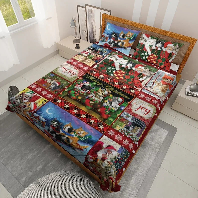 Personalized Christmas Cat Patchwork 3-Piece Quilt Bedding Set With Pillowcases
