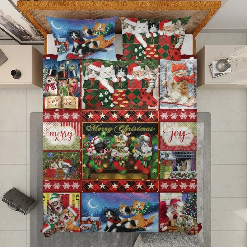Personalized Christmas Cat Patchwork 3-Piece Quilt Bedding Set With Pillowcases