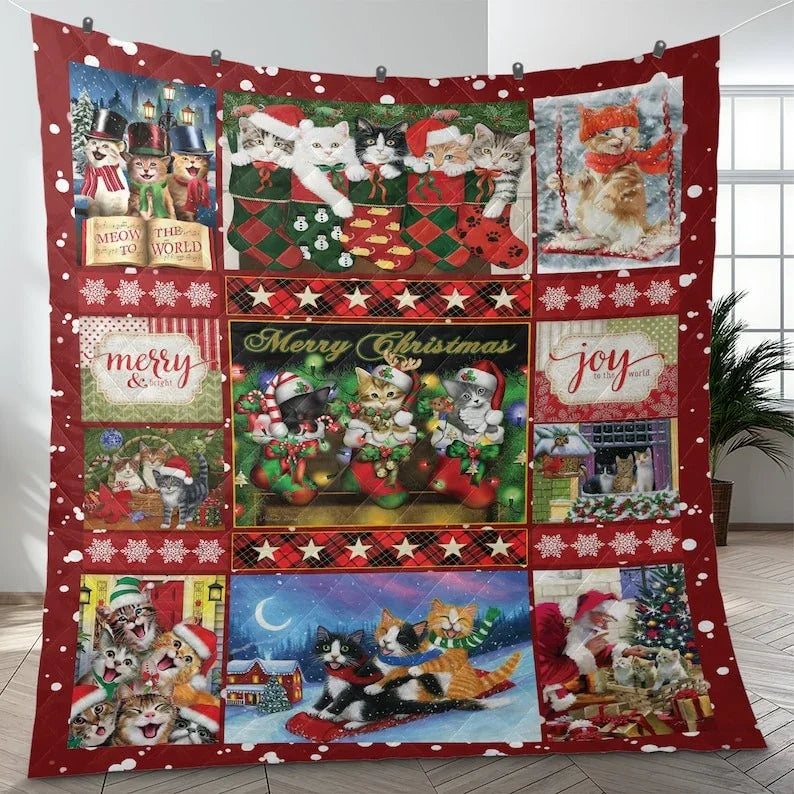 Personalized Christmas Cat Patchwork 3-Piece Quilt Bedding Set With Pillowcases