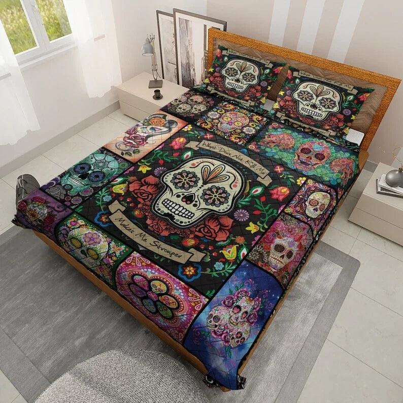 Personalized Vintage Sugar Skull Halloween 3-Piece Quilt Bedding Set With Pillowcases