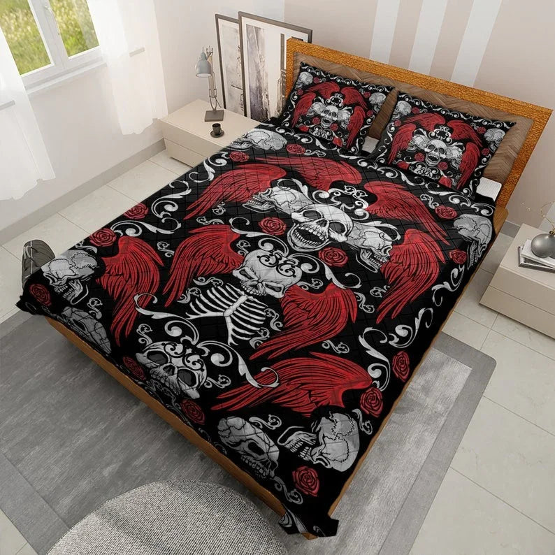 Personalized Retro Skul Halloween 3-Piece Quilt Bedding Set With Pillowcases