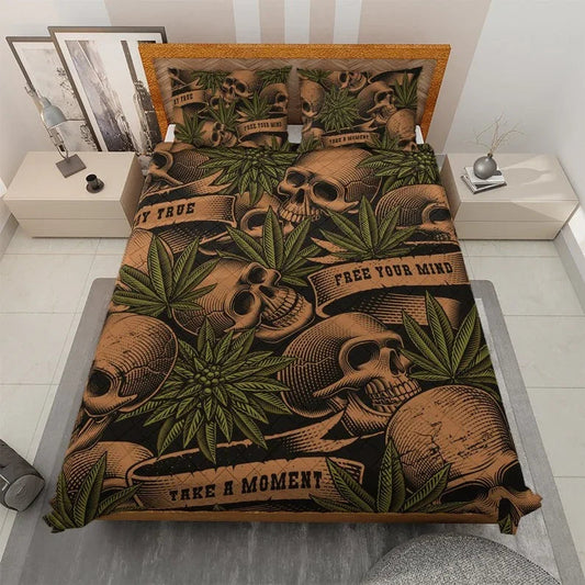 Personalized Vintage Cannabis Leaves Skull Halloween 3-Piece Quilt Bedding Set With Pillowcases