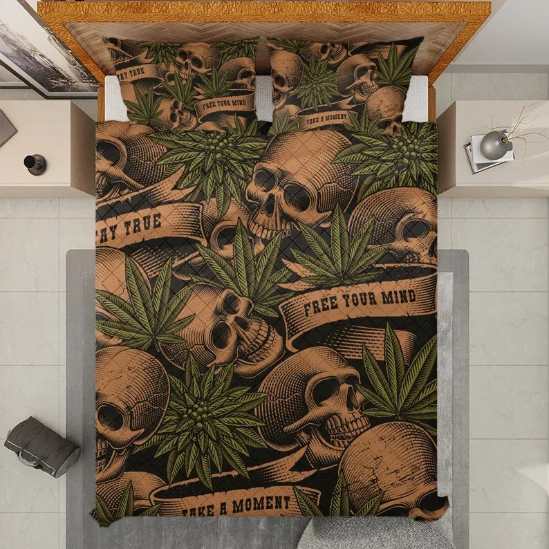Personalized Vintage Cannabis Leaves Skull Halloween 3-Piece Quilt Bedding Set With Pillowcases