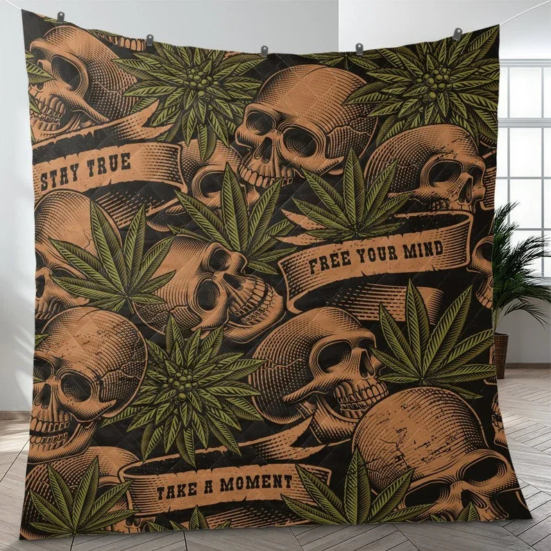 Personalized Vintage Cannabis Leaves Skull Halloween 3-Piece Quilt Bedding Set With Pillowcases