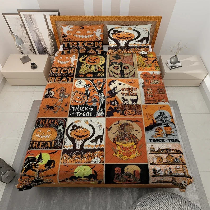 Personalized Vintage Retro Spooky Halloween 3-Piece Quilt Bedding Set With Pillowcases
