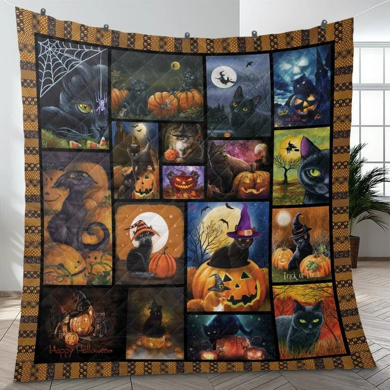 Personalized Vintage Black Witch Cat Halloween 3-Piece Quilt Bedding Set With Pillowcases