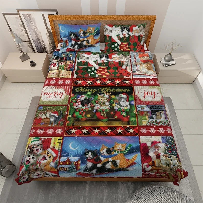 Personalized Christmas Cat Patchwork 3-Piece Quilt Bedding Set With Pillowcases