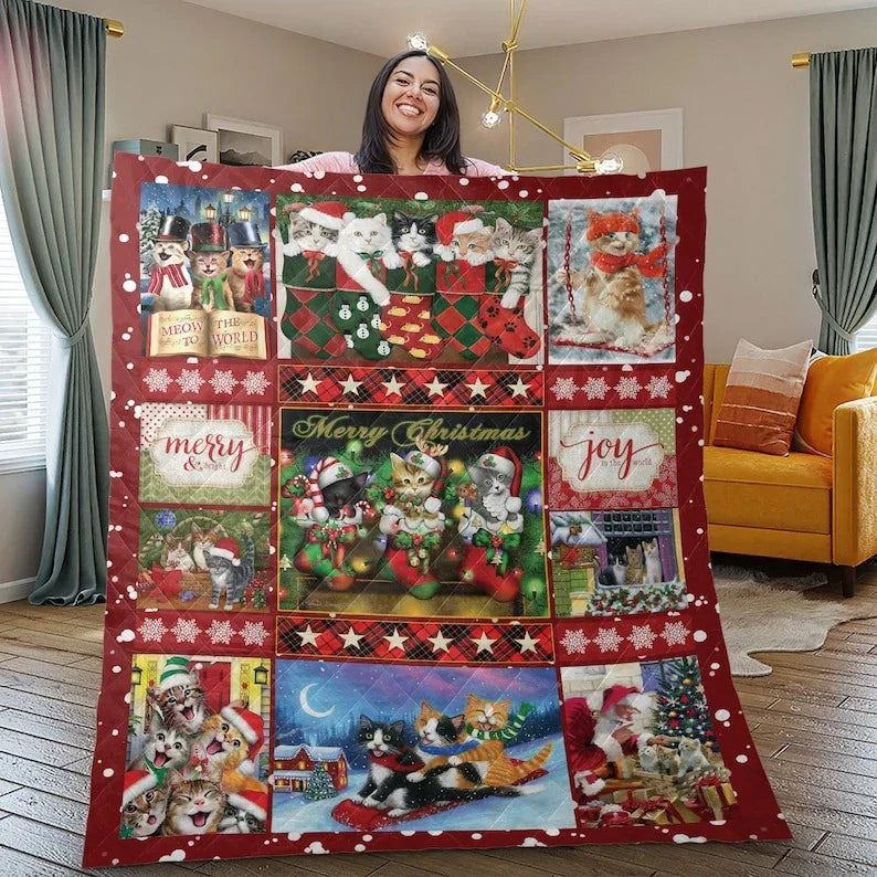 Personalized Christmas Cat Patchwork 3-Piece Quilt Bedding Set With Pillowcases