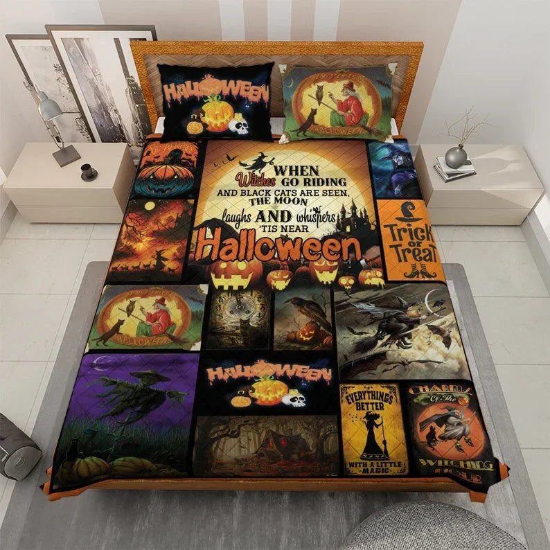 Personalized Vintage Witch Halloween 3-Piece Quilt Bedding Set With Pillowcases