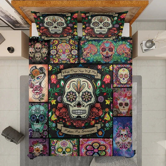 Personalized Vintage Sugar Skull Halloween 3-Piece Quilt Bedding Set With Pillowcases