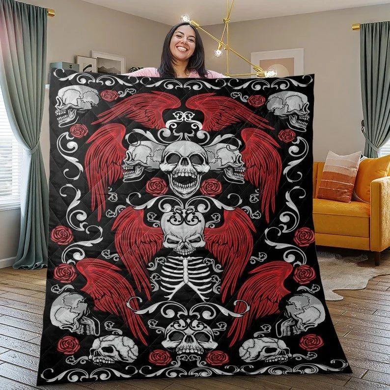 Personalized Retro Skul Halloween 3-Piece Quilt Bedding Set With Pillowcases