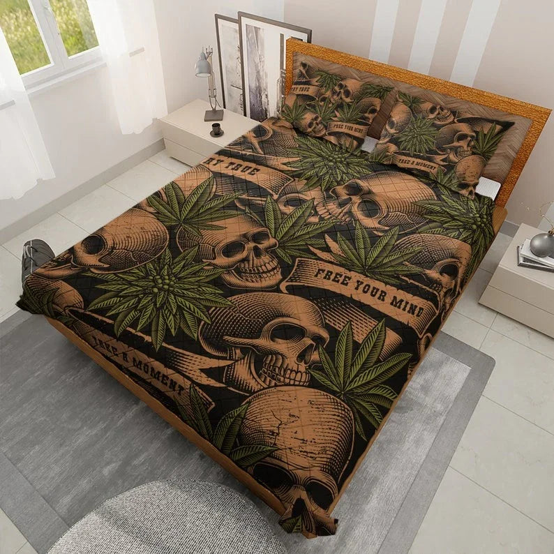 Personalized Vintage Cannabis Leaves Skull Halloween 3-Piece Quilt Bedding Set With Pillowcases