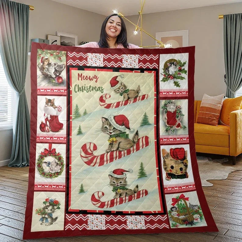 Personalized Vintage Cute Cats Meowy Christmas 3-Piece Quilt Bedding Set With Pillowcases