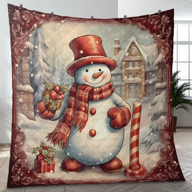Personalized Retro Snowman Christmas 3-Piece Quilt Bedding Set With Pillowcases
