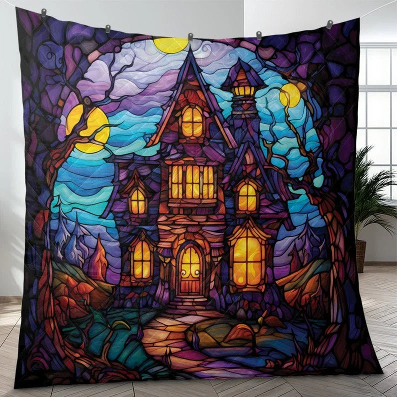 Personalized Vintage Retro Haunted House Halloween 3-Piece Quilt Bedding Set With Pillowcases