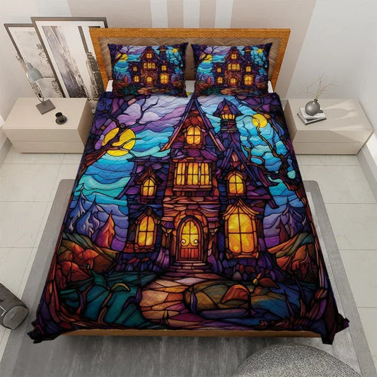 Personalized Vintage Retro Haunted House Halloween 3-Piece Quilt Bedding Set With Pillowcases