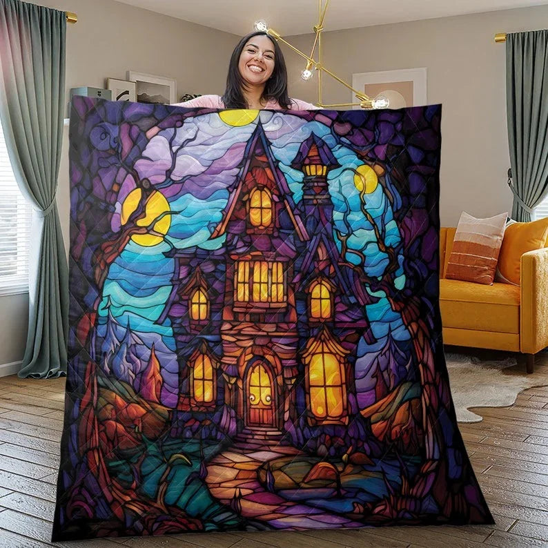Personalized Vintage Retro Haunted House Halloween 3-Piece Quilt Bedding Set With Pillowcases