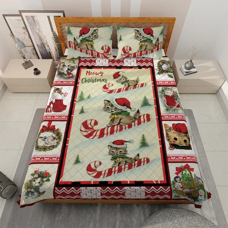 Personalized Vintage Cute Cats Meowy Christmas 3-Piece Quilt Bedding Set With Pillowcases