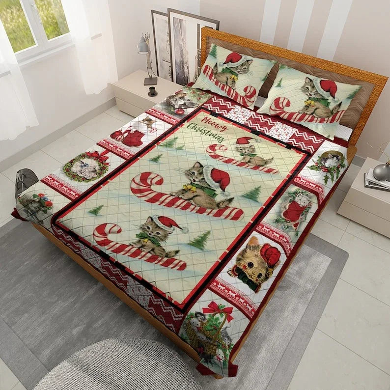 Personalized Vintage Cute Cats Meowy Christmas 3-Piece Quilt Bedding Set With Pillowcases