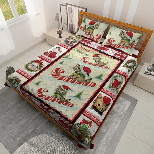Personalized Vintage Cute Cats Meowy Christmas 3-Piece Quilt Bedding Set With Pillowcases