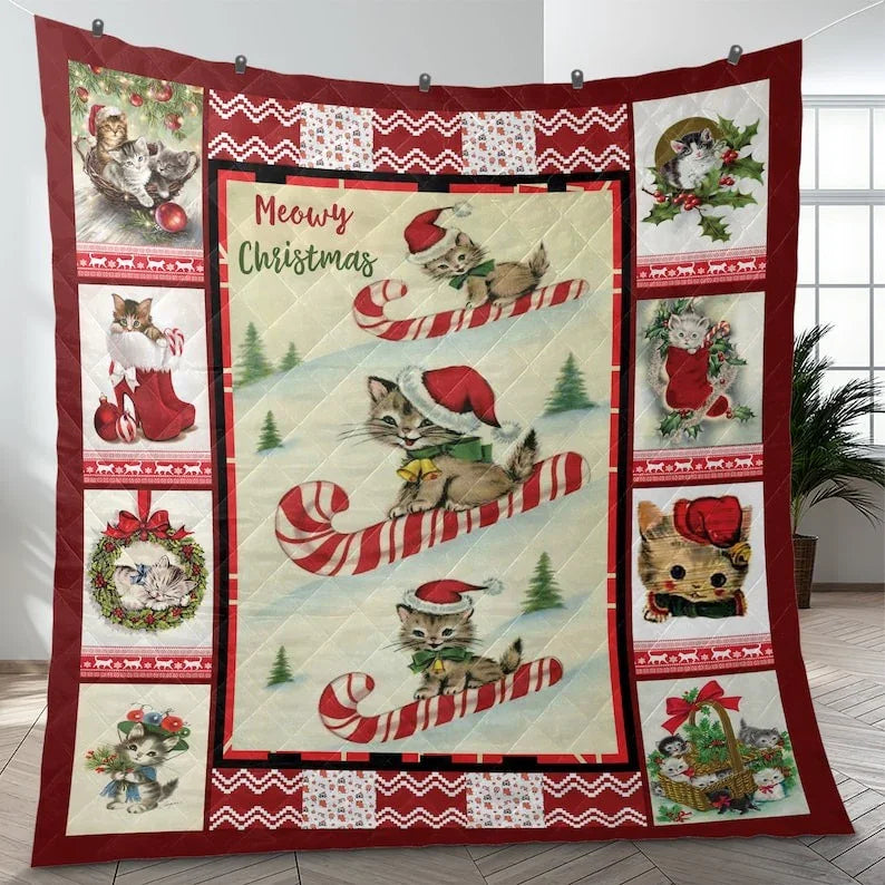 Personalized Vintage Cute Cats Meowy Christmas 3-Piece Quilt Bedding Set With Pillowcases