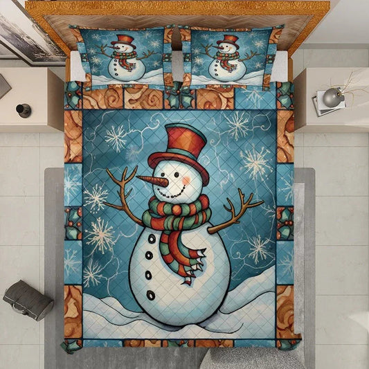 Personalized Snowman Stained Glass Style 3-Piece Christmas Quilt Bedding Set With Pillowcases