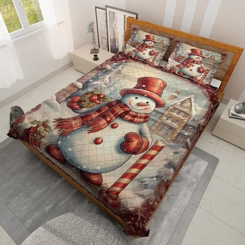 Personalized Retro Snowman Christmas 3-Piece Quilt Bedding Set With Pillowcases