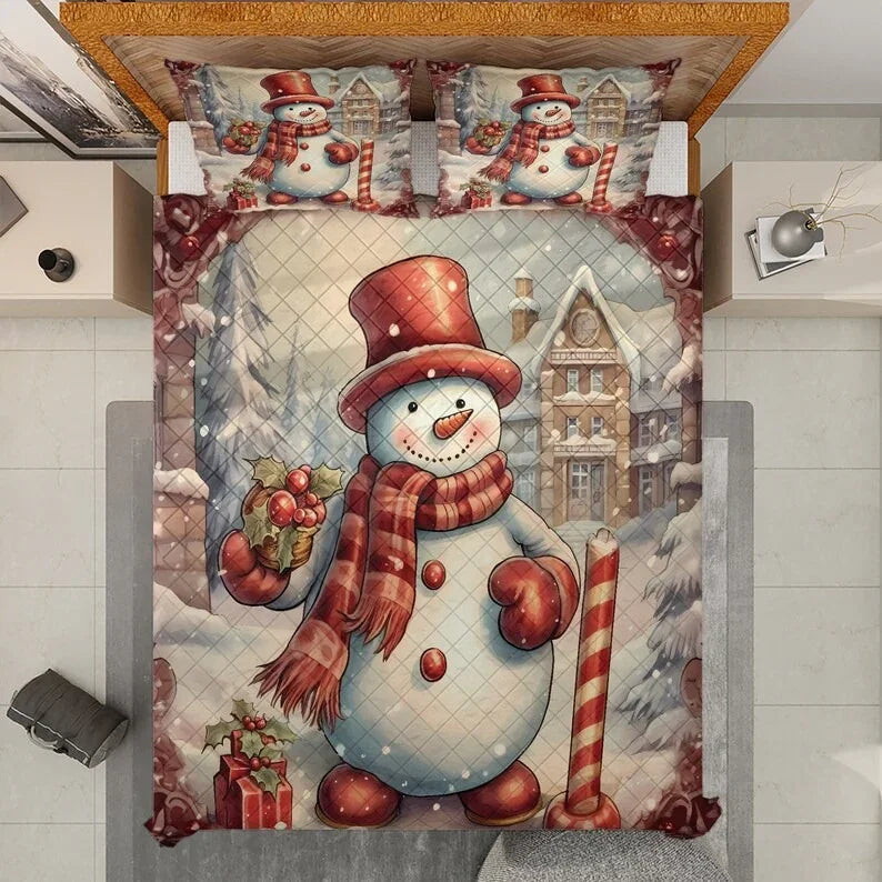 Personalized Retro Snowman Christmas 3-Piece Quilt Bedding Set With Pillowcases
