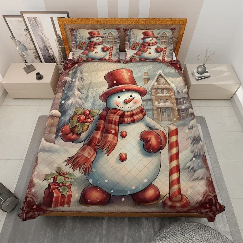 Personalized Retro Snowman Christmas 3-Piece Quilt Bedding Set With Pillowcases