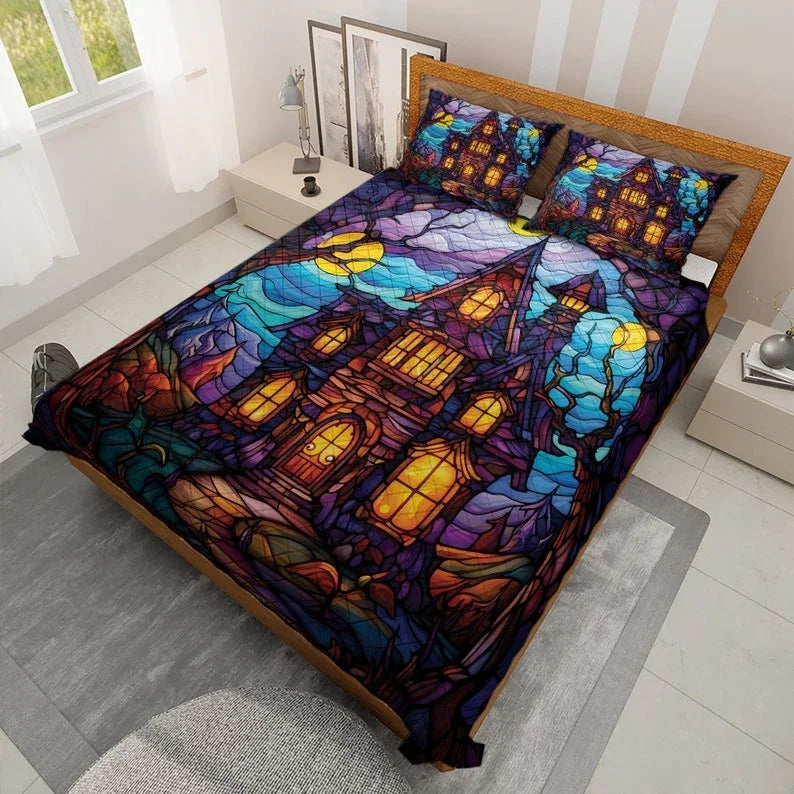 Personalized Vintage Retro Haunted House Halloween 3-Piece Quilt Bedding Set With Pillowcases