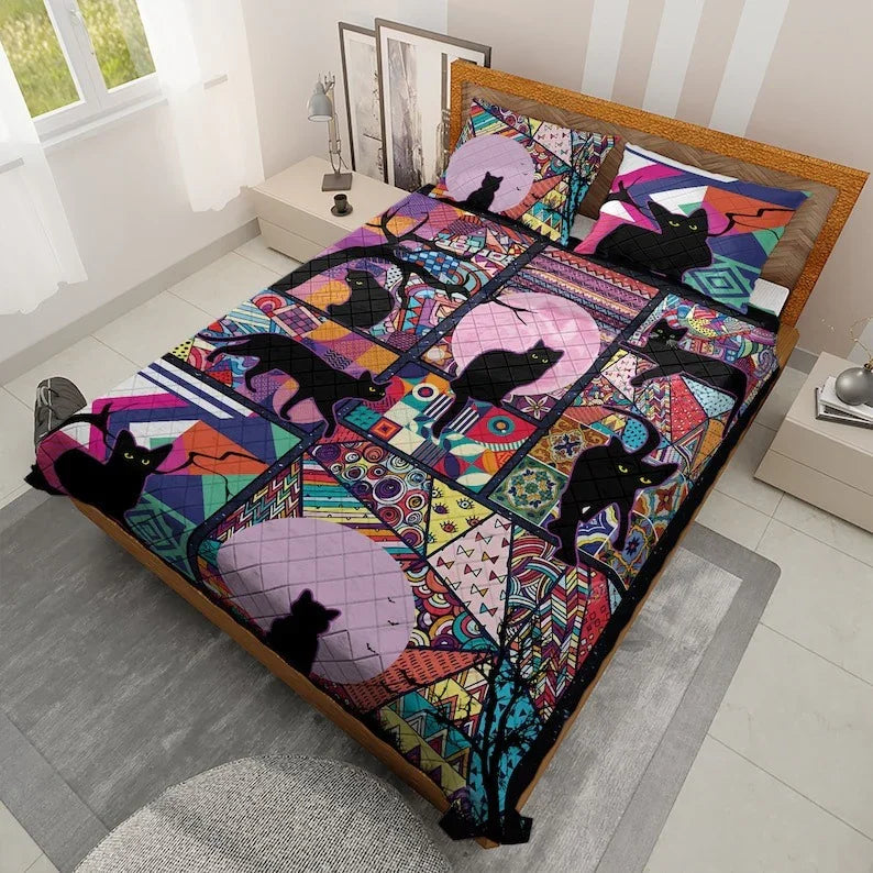 Personalized Vintage Black Cat Halloween 3-Piece Quilt Bedding Set With Pillowcases