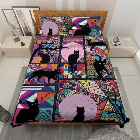 Personalized Vintage Black Cat Halloween 3-Piece Quilt Bedding Set With Pillowcases