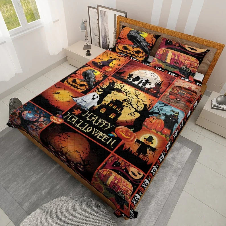 Personalized Vintage Spooky Season Pumpkin Halloween 3-Piece Quilt Bedding Set With Pillowcases