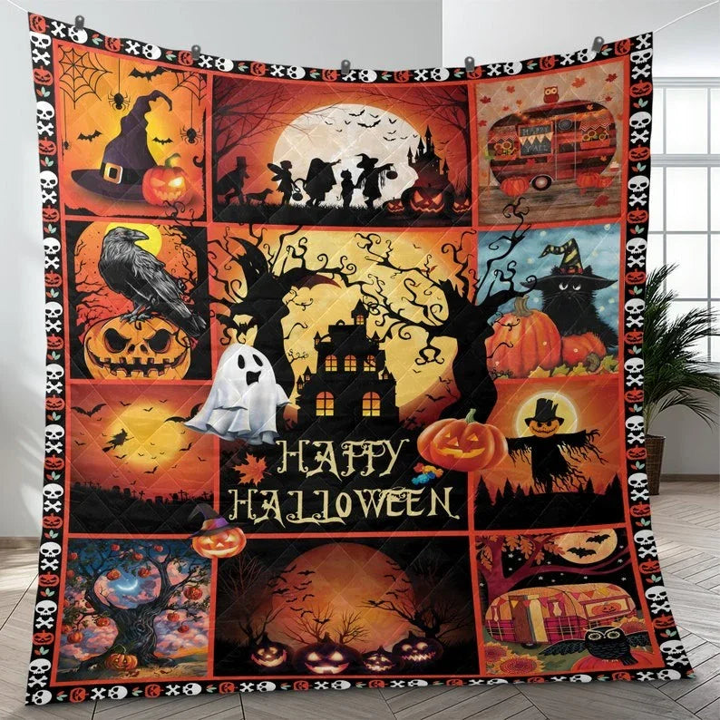 Personalized Vintage Spooky Season Pumpkin Halloween 3-Piece Quilt Bedding Set With Pillowcases