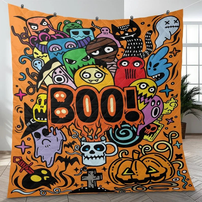 Personalized Vintage Spooky Season Monster Halloween 3-Piece Quilt Bedding Set With Pillowcases