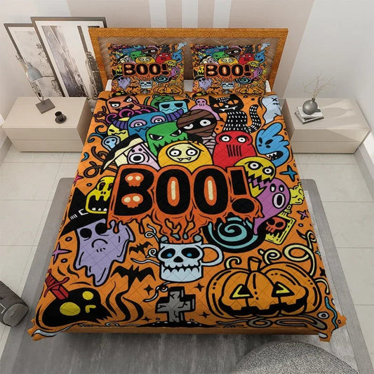 Personalized Vintage Spooky Season Monster Halloween 3-Piece Quilt Bedding Set With Pillowcases
