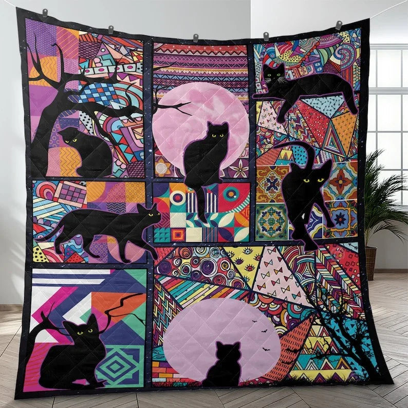 Personalized Vintage Black Cat Halloween 3-Piece Quilt Bedding Set With Pillowcases