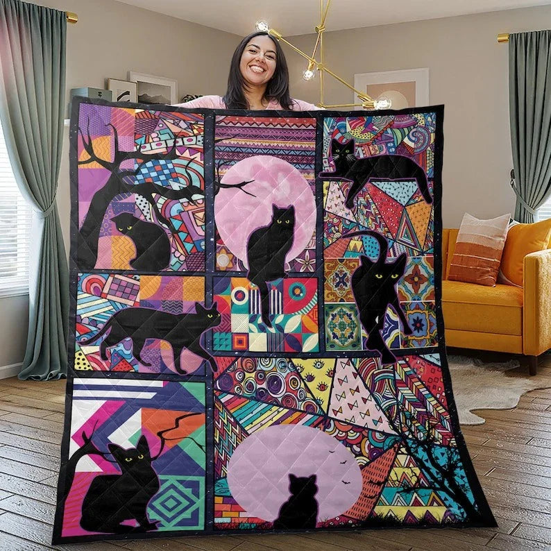 Personalized Vintage Black Cat Halloween 3-Piece Quilt Bedding Set With Pillowcases