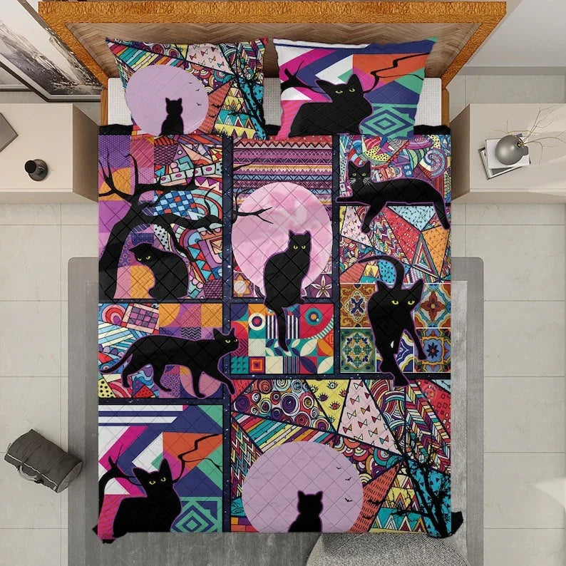 Personalized Vintage Black Cat Halloween 3-Piece Quilt Bedding Set With Pillowcases