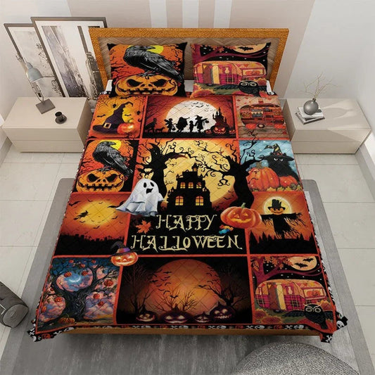 Personalized Vintage Spooky Season Pumpkin Halloween 3-Piece Quilt Bedding Set With Pillowcases