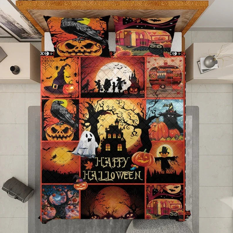 Personalized Vintage Spooky Season Pumpkin Halloween 3-Piece Quilt Bedding Set With Pillowcases