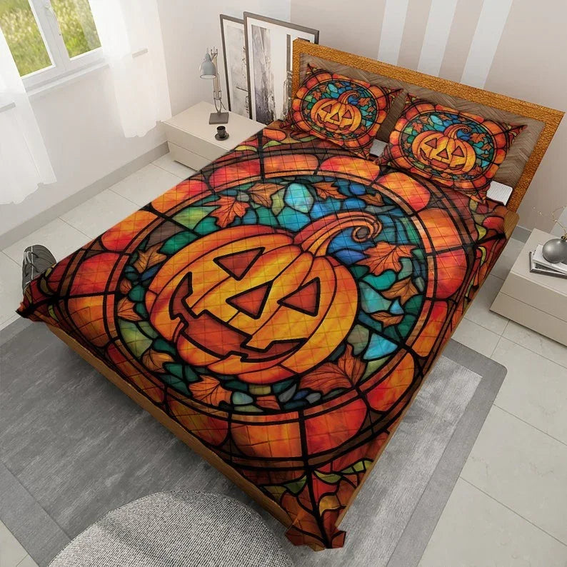 Personalized Vintage Pumpkin Halloween Night 3-Piece Quilt Bedding Set With Pillowcases