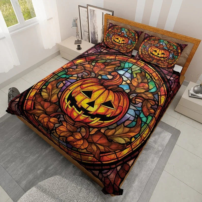 Personalized Vintage Scary Pumpkin Halloween 3-Piece Quilt Bedding Set With Pillowcases