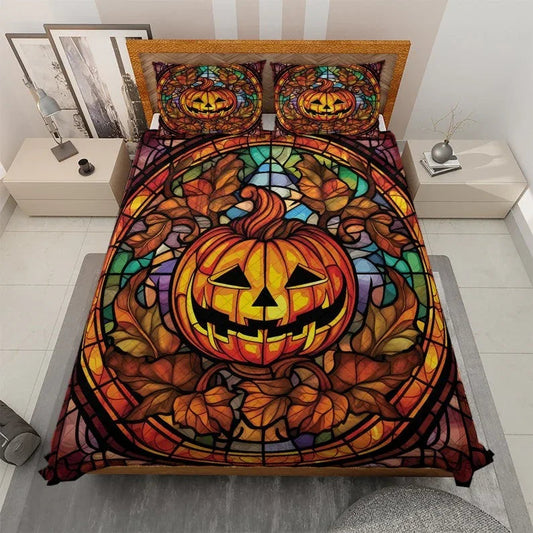 Personalized Vintage Scary Pumpkin Halloween 3-Piece Quilt Bedding Set With Pillowcases